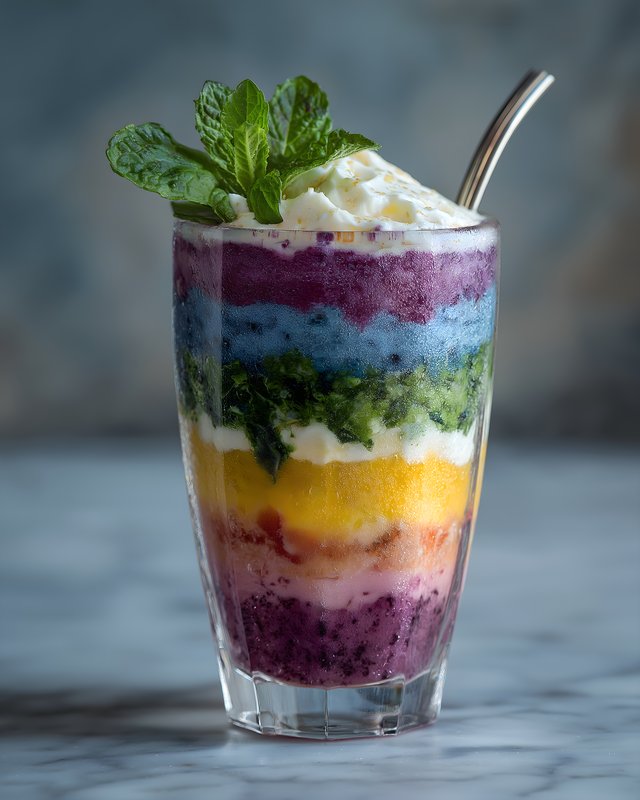 Colorful layered drink in a glass with mint leaves on top Free Premium Stock Photo - stock photo