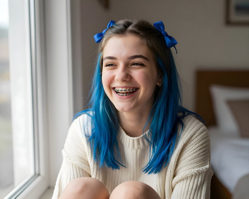 Girl with blue hair and braces smiles while sitting by a window Free Premium Stock Photo - stock photo