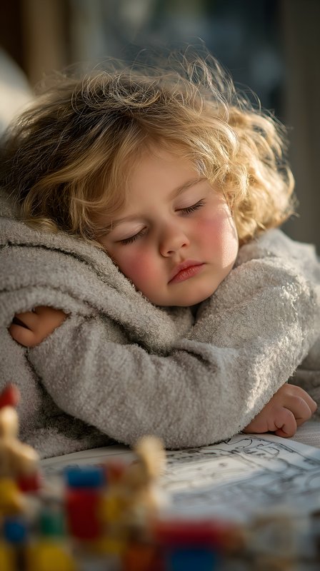 Child sleeps on blanket while holding toys in the afternoon Free Premium Stock Image - stock photo
