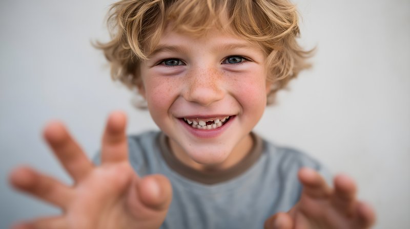 Happy boy shows missing teeth while playing indoors Free Premium Stock Image - stock photo