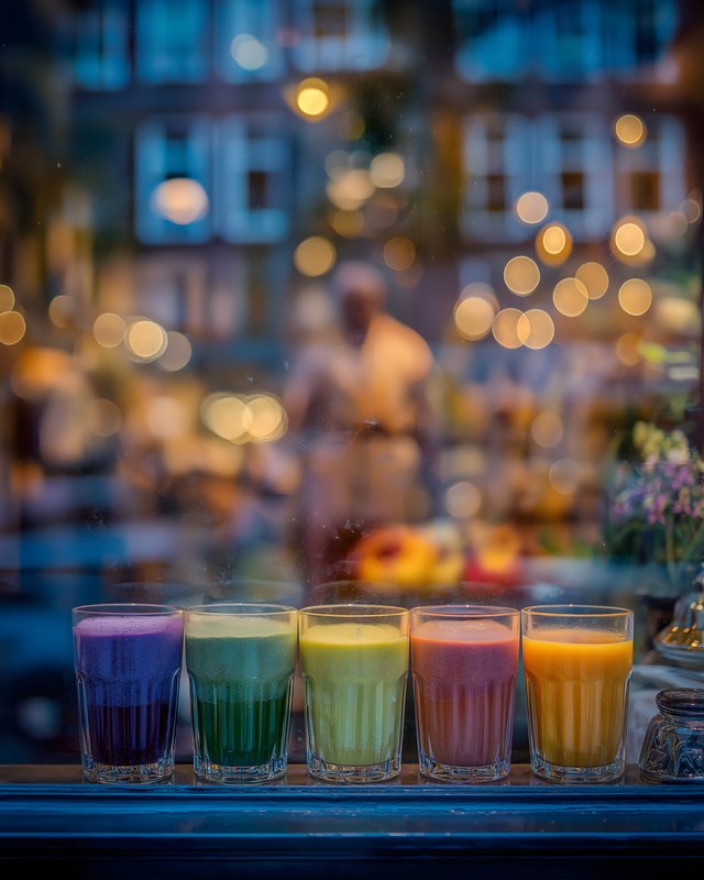 Colorful drinks lined up in a shop window at night Free Premium Stock Photo - stock photo
