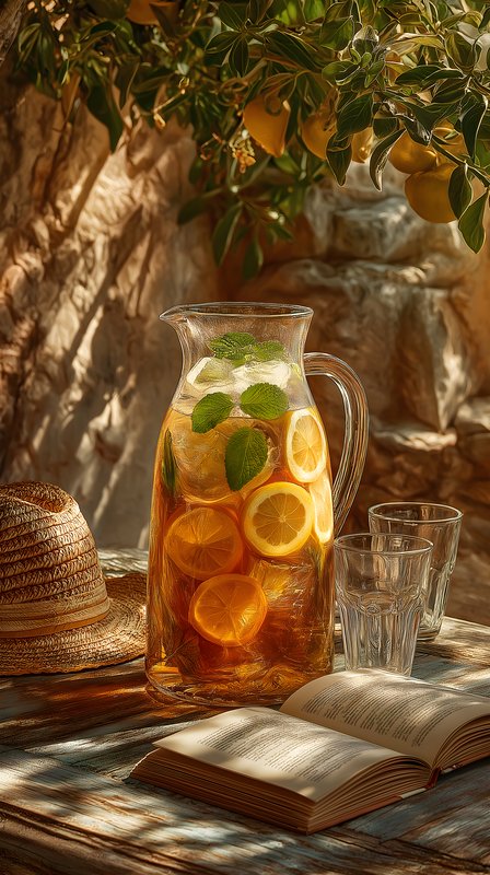 Refreshing drink with fresh fruit and book on a table Free Premium Stock Photo - stock photo