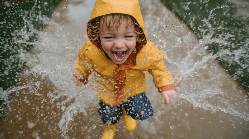 Child plays in puddles during rainy day Free Premium Stock Image - stock photo