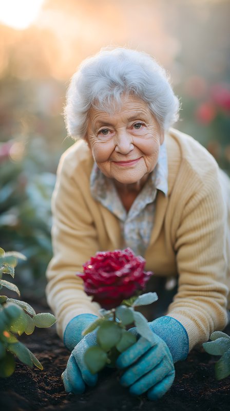 Elderly woman planting a rose in a garden during daytime Free Premium Stock Photo - stock photo