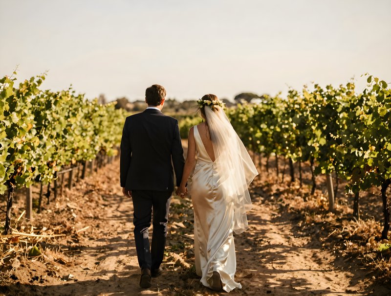 Couple walks through vineyard after wedding ceremony at sunset Free Premium Stock Photo - stock photo