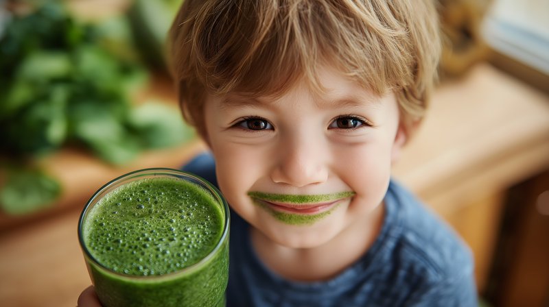 Young boy enjoys green smoothie with smile in kitchen Free Premium Stock Image - stock photo
