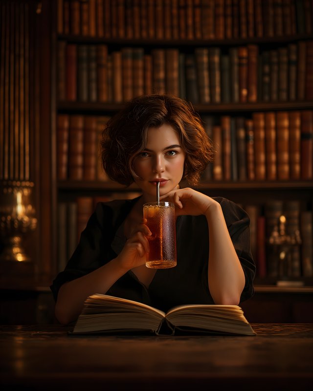 Woman drinks from glass while reading in library Free Premium Stock Image - stock photo