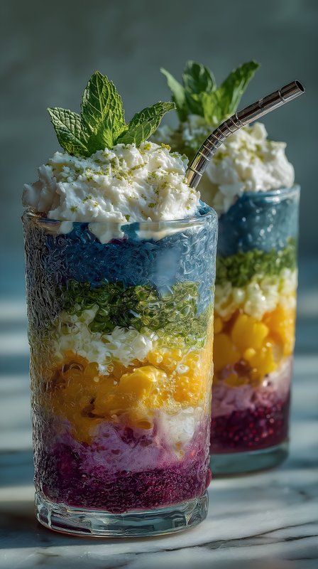 Colorful drinks with layers of fruit and cream Free Premium Stock Photo - stock photo