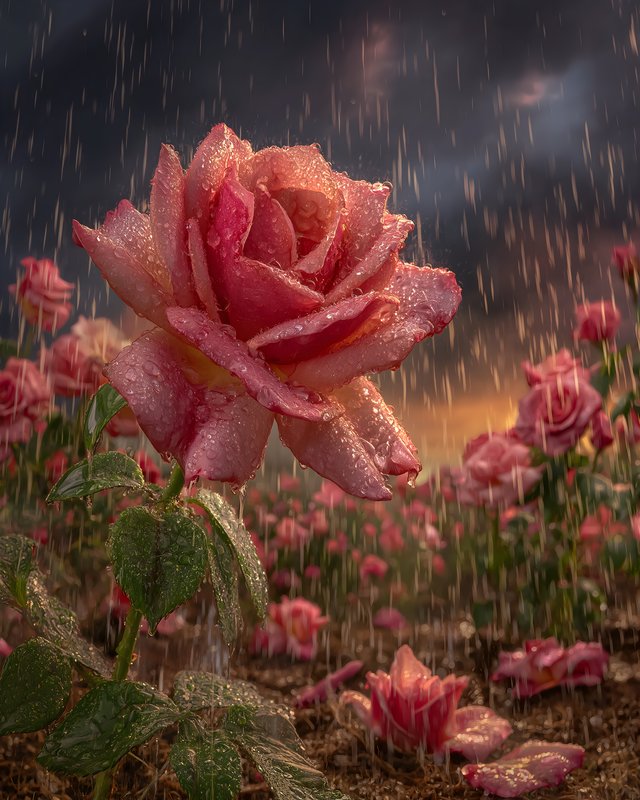 Roses bloom in a garden during rain at sunset time Free Premium Stock Photo - stock photo