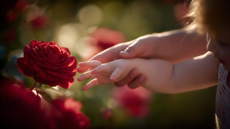 Child touches flower in garden during sunny afternoon Free Premium Stock Image - stock photo