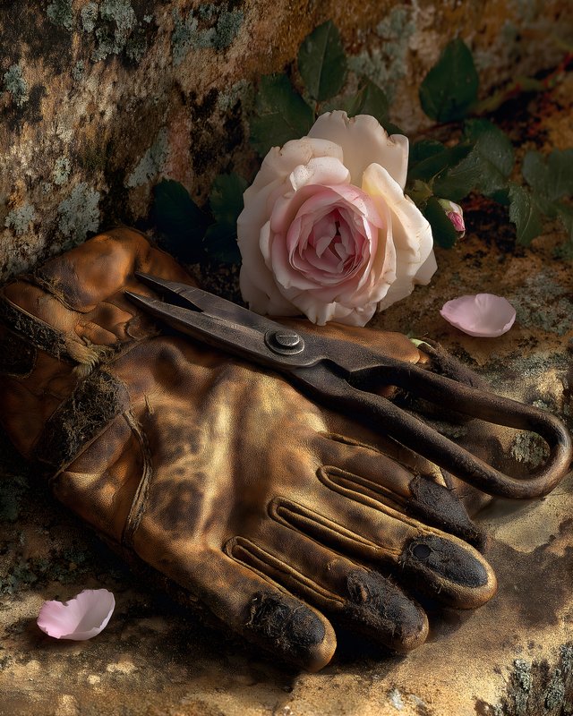 Gardening tools and a rose on a stone surface Free Premium Stock Image - stock photo