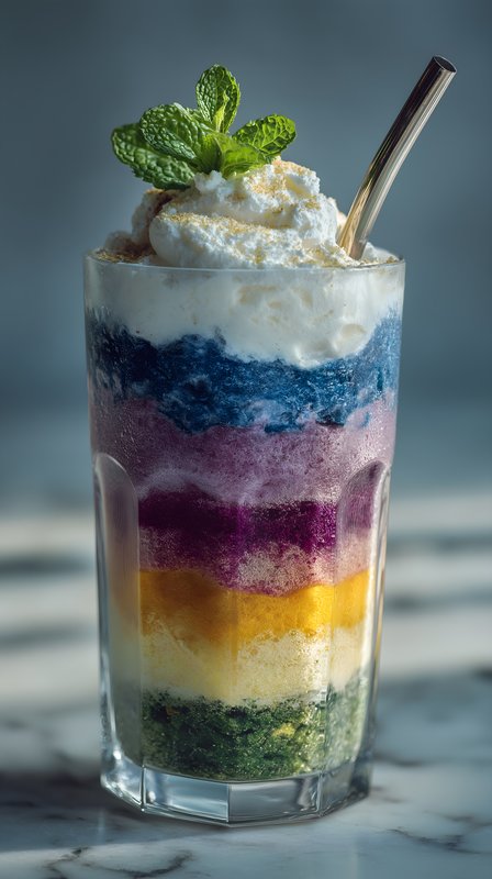 Colorful drink with layers served in a glass with mint Free Premium Stock Image - stock photo