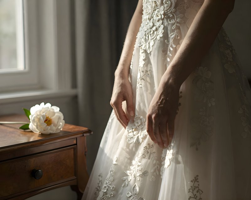 Bridal dress with floral details and a flower on a table Free Premium Stock Photo - stock photo
