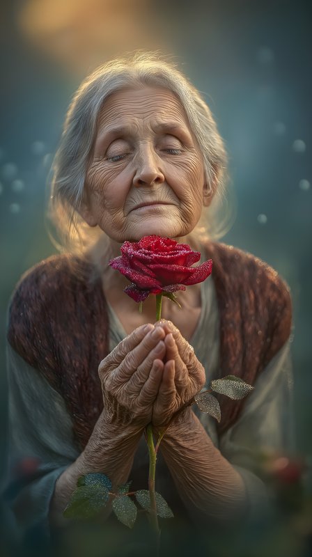 Elderly woman holds rose with closed eyes in a garden setting Free Premium Stock Image - stock photo