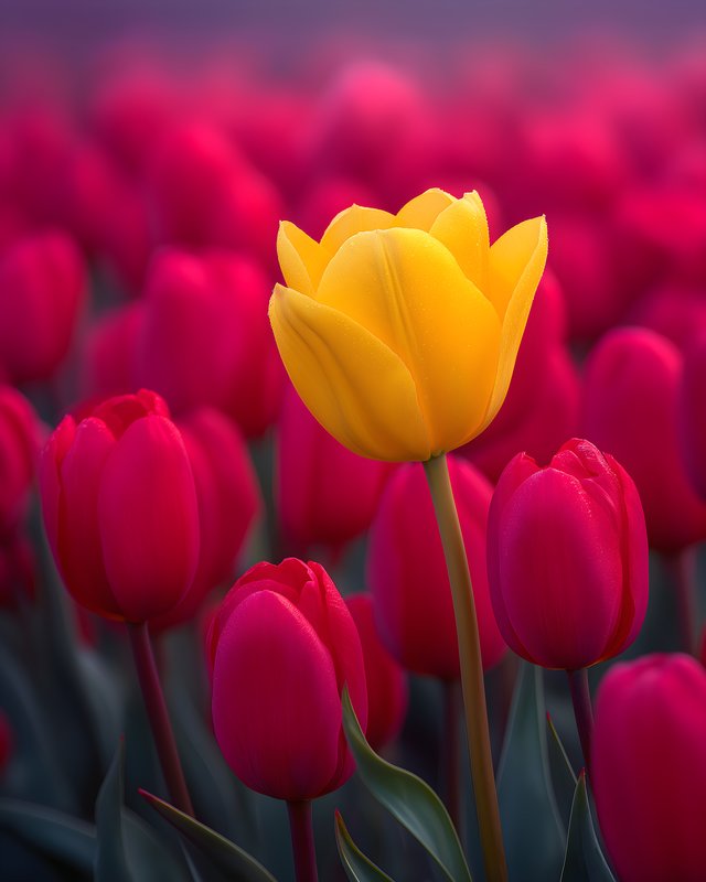 Bright yellow tulip stands out among red flowers in garden Free Premium Stock Photo - stock photo