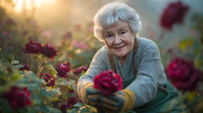 Elderly woman enjoys gardening and picking roses in morning light Free Premium Stock Photo - stock photo