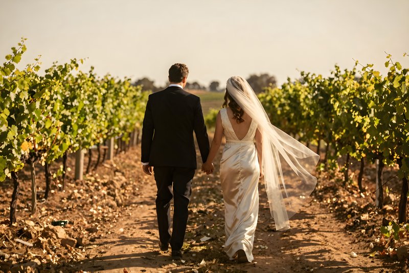 Couple walks hand in hand through a vineyard at sunset Free Premium Stock Image - stock photo