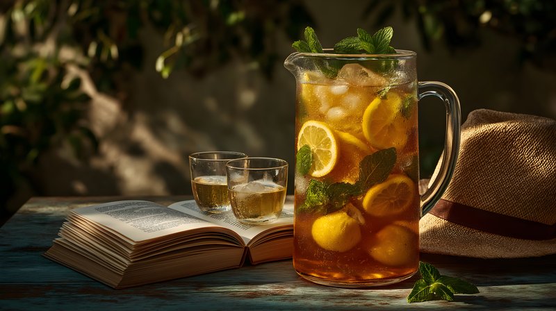 Refreshing drink and book on a sunny table in the garden Free Premium Stock Image - stock photo