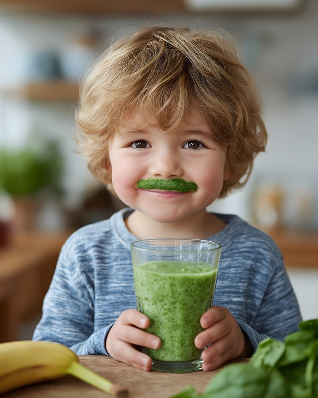 Child enjoys green smoothie with spinach in kitchen Free Premium Stock Image - stock photo