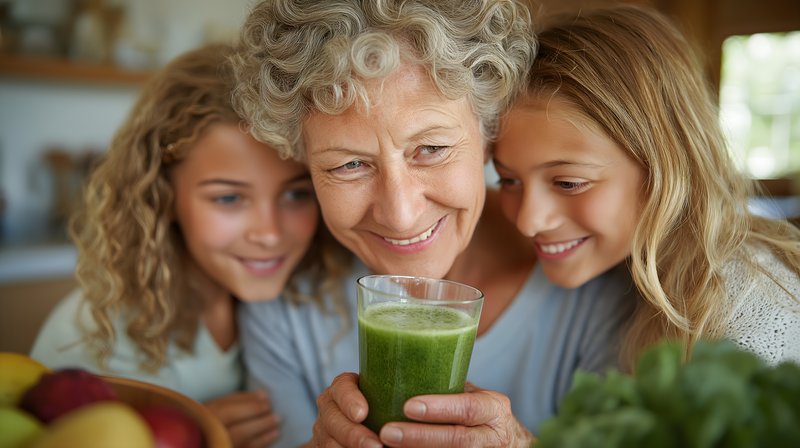 Grandmother shares green drink with two girls in kitchen Free Premium Stock Photo - stock photo
