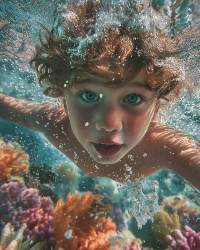 Child swims underwater among colorful coral reefs Free Premium Stock Image - stock photo