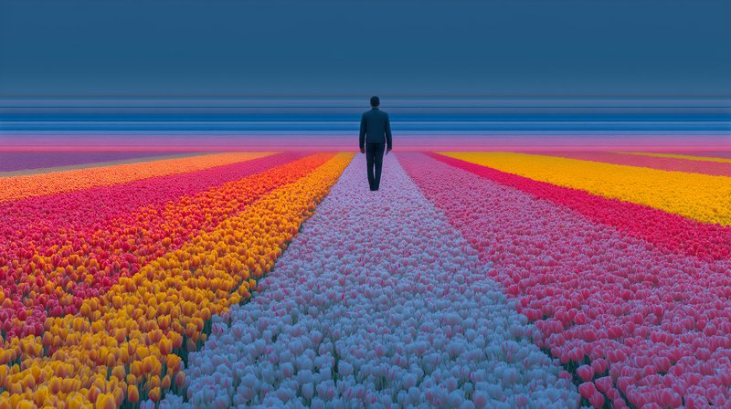 Walking through a field of colorful flowers at dusk Free Premium Stock Photo - stock photo