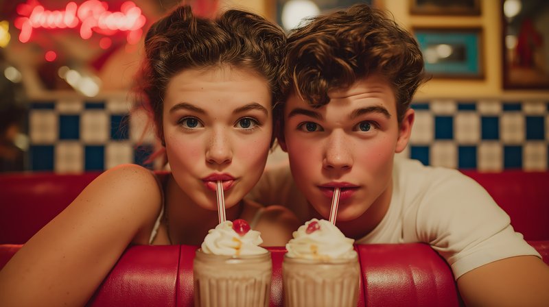 Young couple shares shakes at diner in evening Free Premium Stock Image - stock photo
