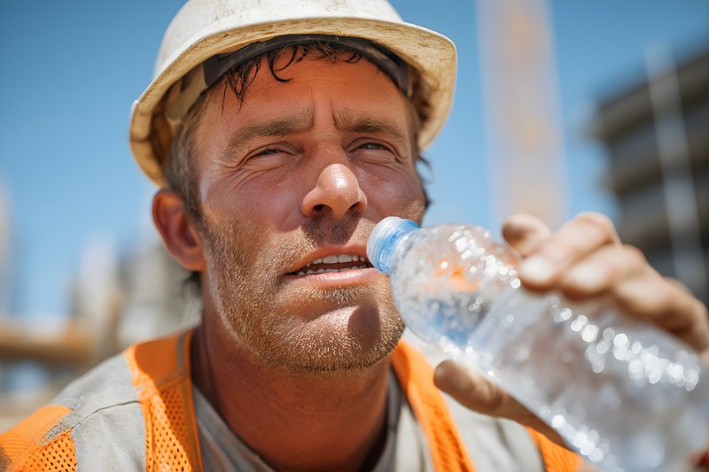 Worker takes a break to drink water at construction site Free Premium Stock Photo - stock photo