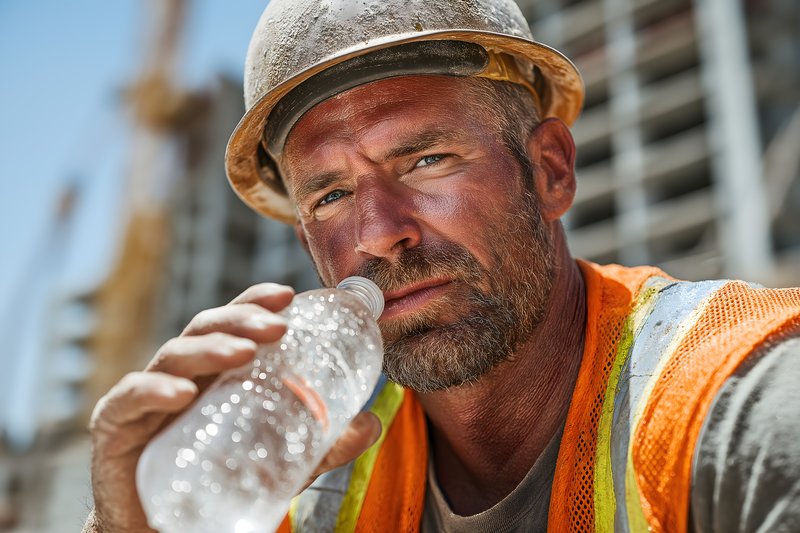 Construction worker drinks water during break at job site Free Premium Stock Image - stock photo