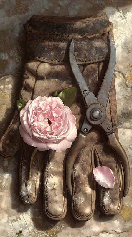 Garden tools and rose on a pair of gloves in spring Free Premium Stock Image - stock photo