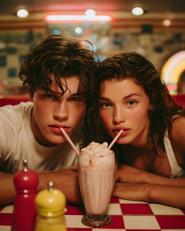 Young adults share milkshake at diner with pink and yellow decor Free Premium Stock Image - stock photo