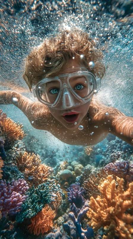 Boy explores coral reef while snorkeling in clear water Free Premium Stock Image - stock photo
