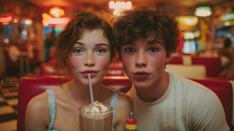 Two teens enjoy milkshake in retro diner setting Free Premium Stock Image - stock photo