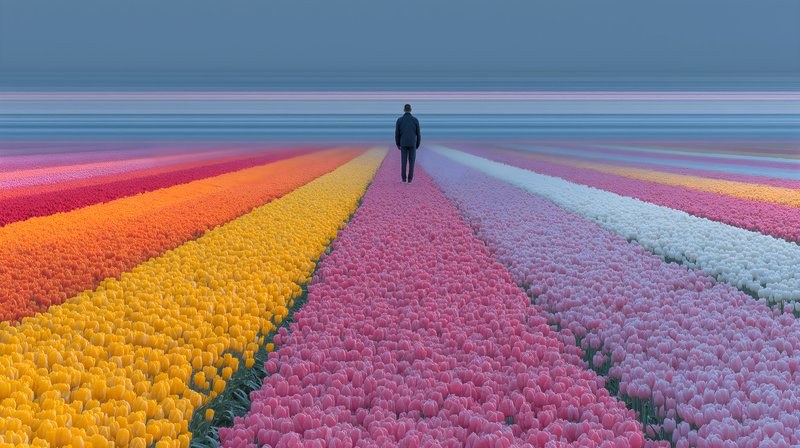 Man walks through colorful tulip fields at sunset Free Premium Stock Image - stock photo
