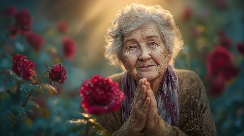 Elderly woman expresses gratitude in rose garden at sunset Free Premium Stock Image - stock photo