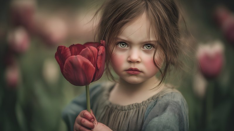 Girl holding a red flower in a field of tulips in spring Free Premium Stock Image - stock photo