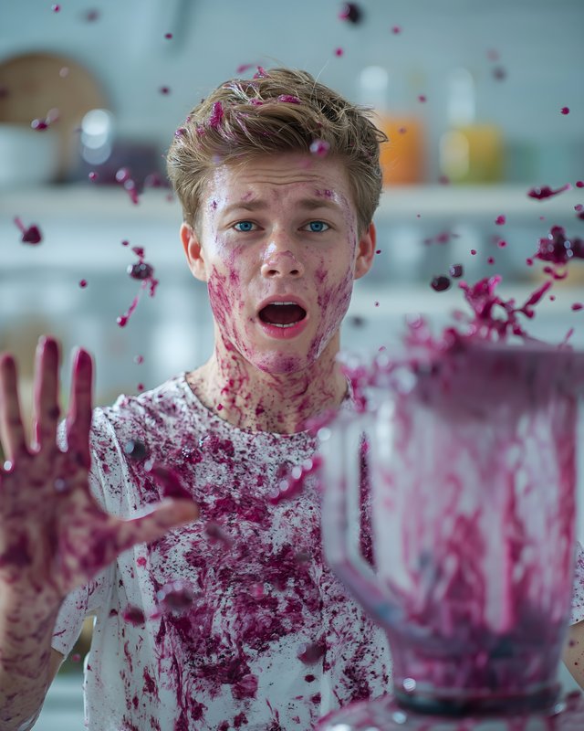 Teen boy reacts to blender mess in kitchen after making smoothie Free Premium Stock Photo - stock photo