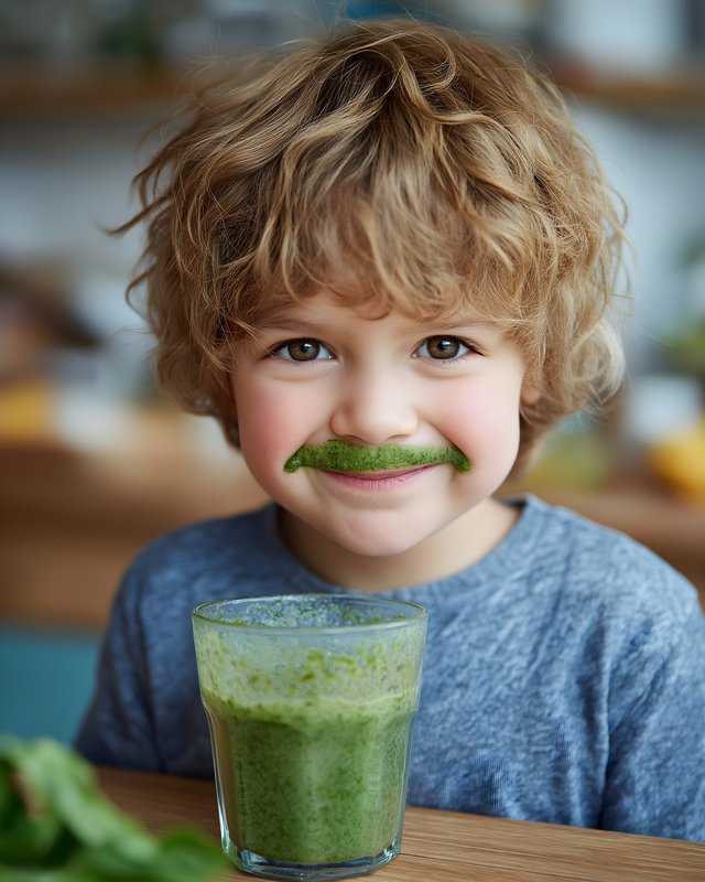 Child enjoys green drink and smiles at kitchen table Free Premium Stock Image - stock photo