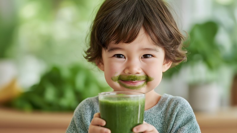 Child enjoys green smoothie while smiling in kitchen Free Premium Stock Image - stock photo