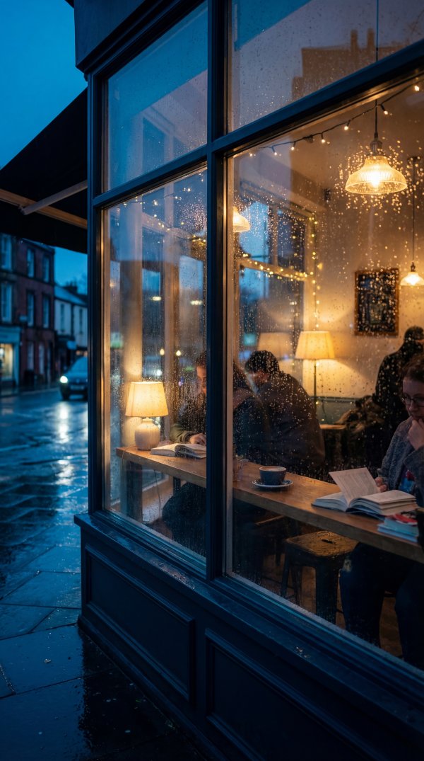Rainy evening inside a cafe with people reading and working - stock photo