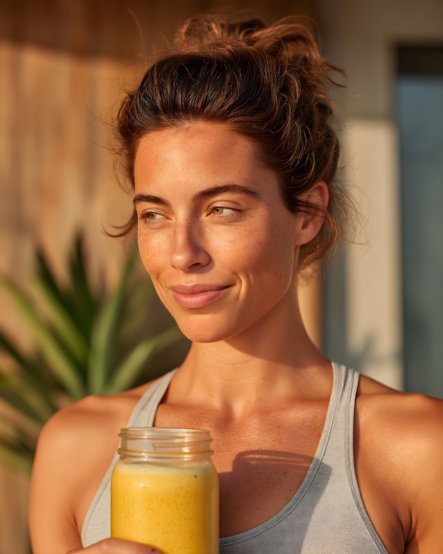 Woman holding smoothie outside in warm light Free Premium Stock Image - stock photo