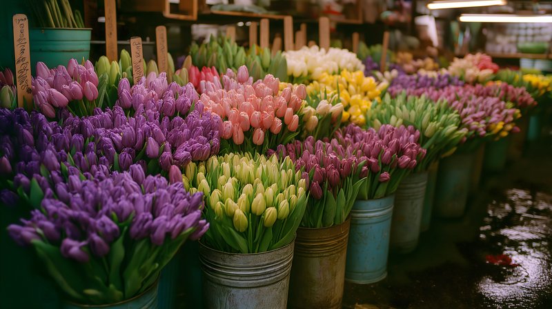 Colorful tulips arranged in buckets at a flower market Free Premium Stock Photo - stock photo