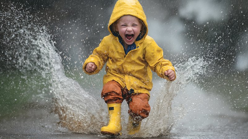 Child plays in the rain with yellow raincoat and boots Free Premium Stock Photo - stock photo
