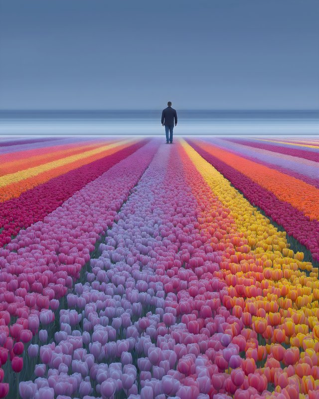 Walking among colorful tulips in a flower field Free Premium Stock Image - stock photo