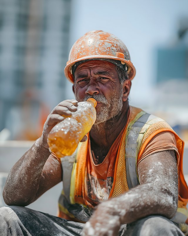 Construction worker drinks water during break in hot sun Free Premium Stock Photo - stock photo