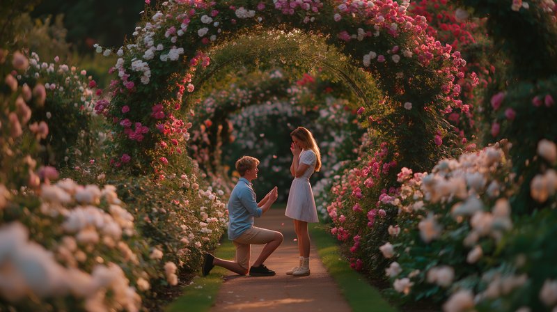 Couple enjoys a special moment in a rose garden during sunset Free Premium Stock Photo - stock photo