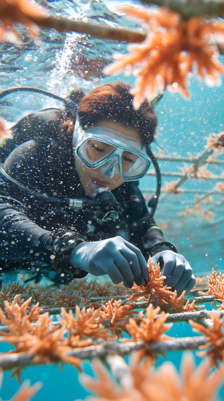 Scuba diver works on coral restoration project in ocean Free Premium Stock Photo - stock photo
