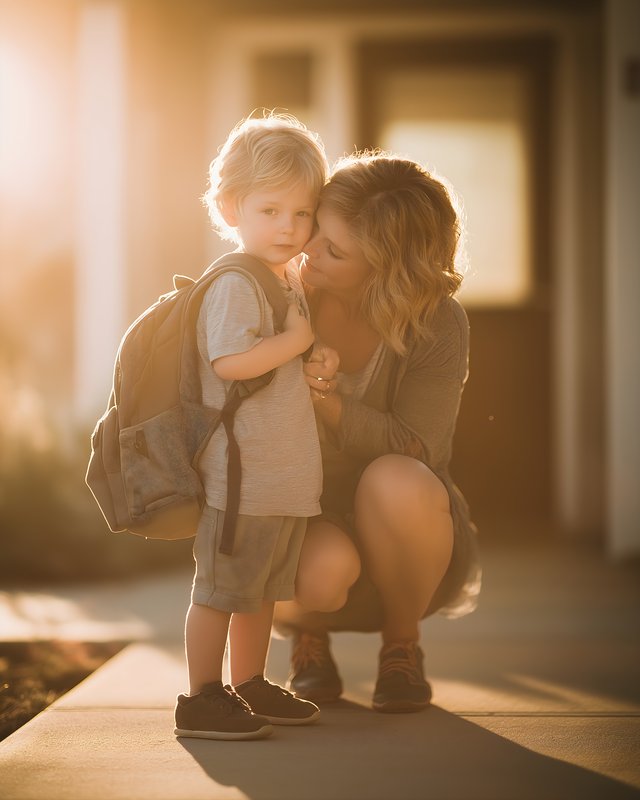Mother helps son with backpack before school in sunlight Free Premium Stock Photo - stock photo