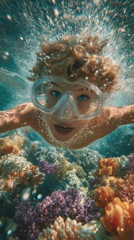 Young swimmer explores coral reef underwater in ocean Free Premium Stock Image - stock photo
