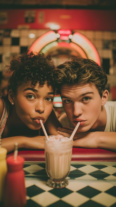 Young friends share a milkshake at a diner in the evening Free Premium Stock Image - stock photo